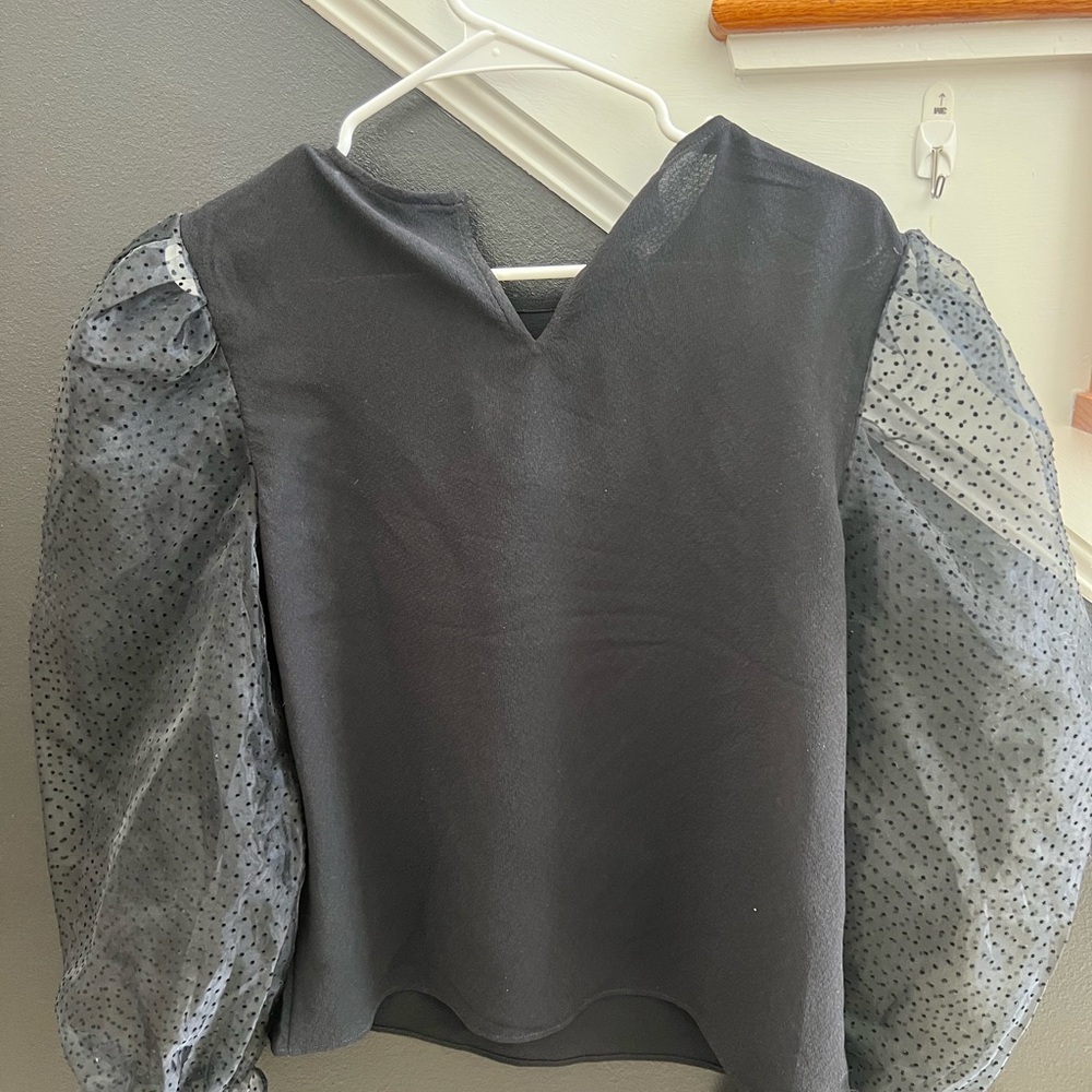 Express Black Top with Sheer Polka Dot Sleeves - Picture 5 of 5